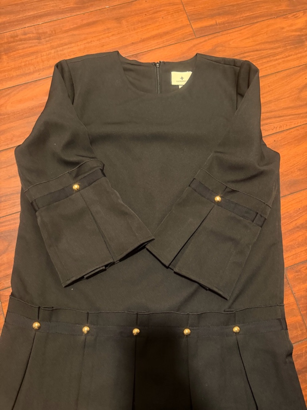 Tuckernuck Black Pleated Mini Dress with Gold-Tone Button Detail - Picture 8 of 13